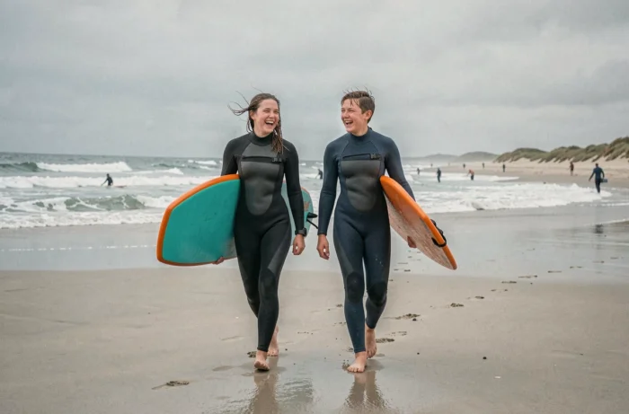 Deux adolescents en combinaison de surf marchant sur une plage de Finistère avec des bodyboards colorés en Bretagne