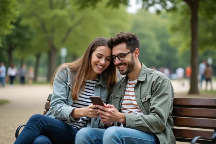 Deux amis consultant des annonces de loisirs sur un smartphone dans un parc urbain