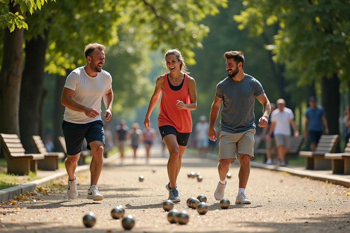 Trois amis jouant à la pétanque dans un parc ensoleille