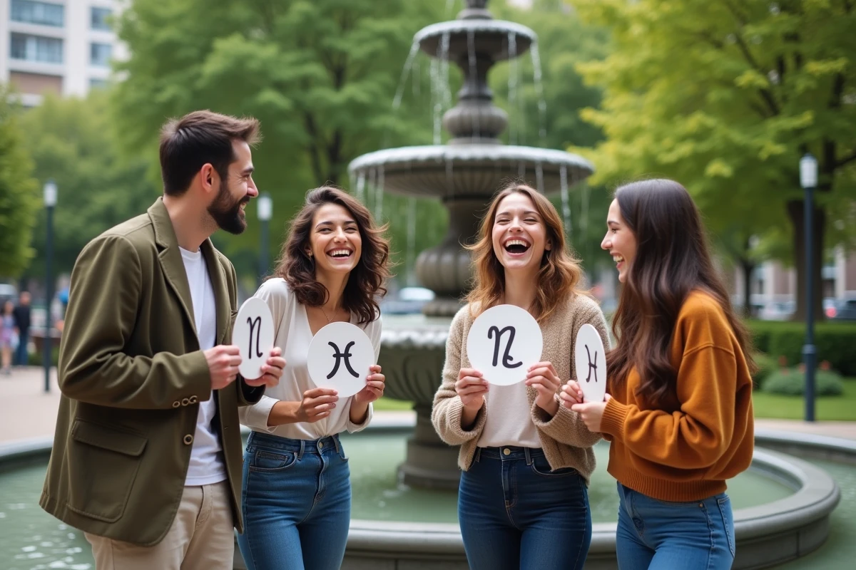 Groupe d amis souriants avec signes du zodiaque dans un parc