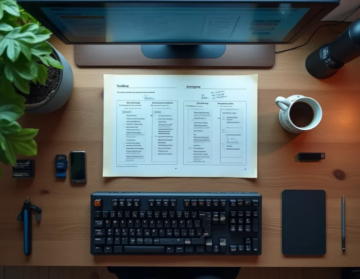 Vue aérienne d'un bureau de développeur avec clavier mécanique, organigramme de scripts et interface de pipeline CI/CD automatisé affiché à l'écran