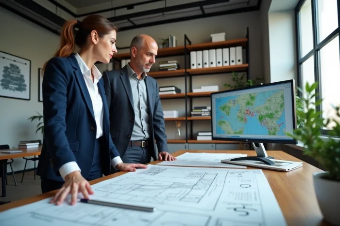 Géomètre et architecte consultant des plans cadastraux dans un cabinet de géomètres professionnel