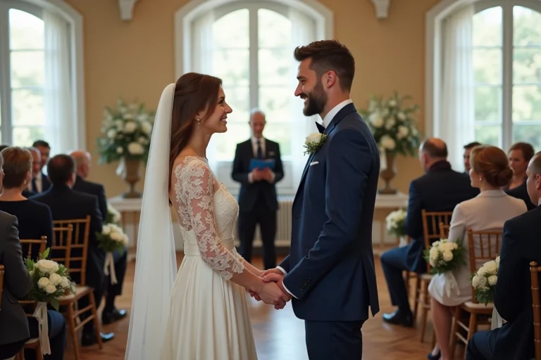 Couple échangeant ses vœux lors d'une cérémonie de mariage républicain dans une salle des mariages décorée avec des fleurs blanches et le drapeau tricolore