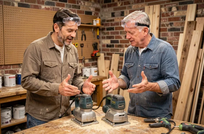 Deux hommes comparant des ponceuses électriques sur un établi dans un atelier de bricolage maison