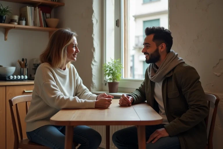 Femme française et jeune homme discutent à une table de cuisine