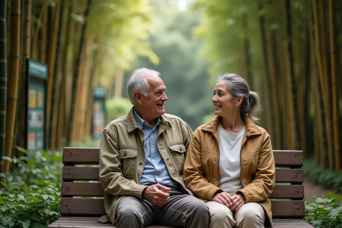 Couple détendu assis sur un banc sous un bambou à Terra Botanica