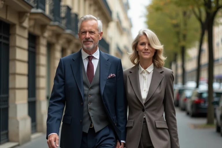 Couple élégant et discret marchant dans une rue parisienne, illustrant la vie privée préservée d'un dirigeant industriel et son épouse