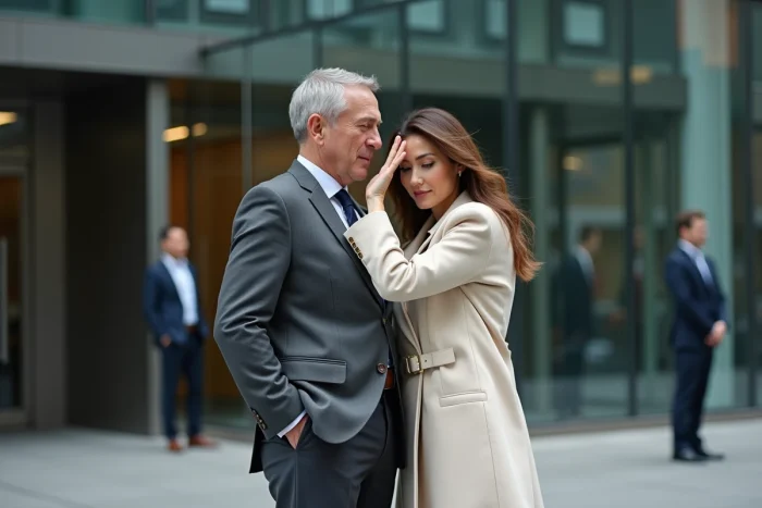 Couple devant un immeuble de bureaux moderne, la femme préservant discrètement son anonymat, illustrant la protection de la vie privée