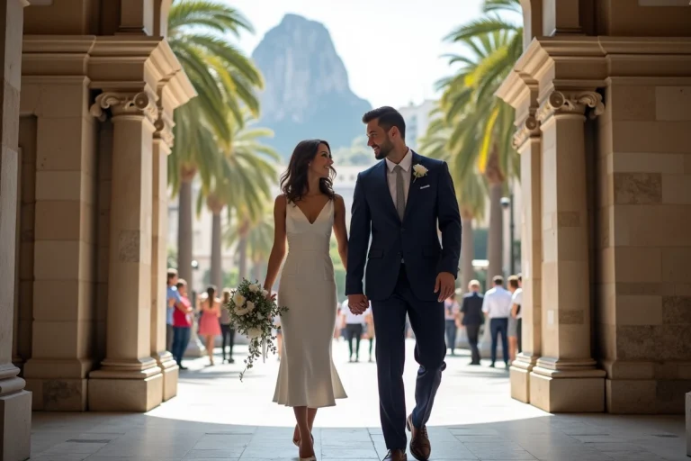 Jeune couple heureux devant l'arche du Gibraltar