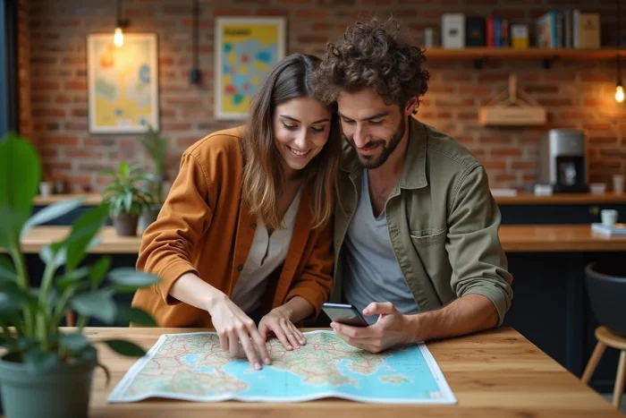 Couple planifiant ensemble une excursion sur une carte dans un espace de travail moderne