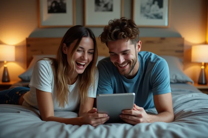Couple regardant ensemble un catalogue de films en streaming sur une tablette dans leur chambre à coucher
