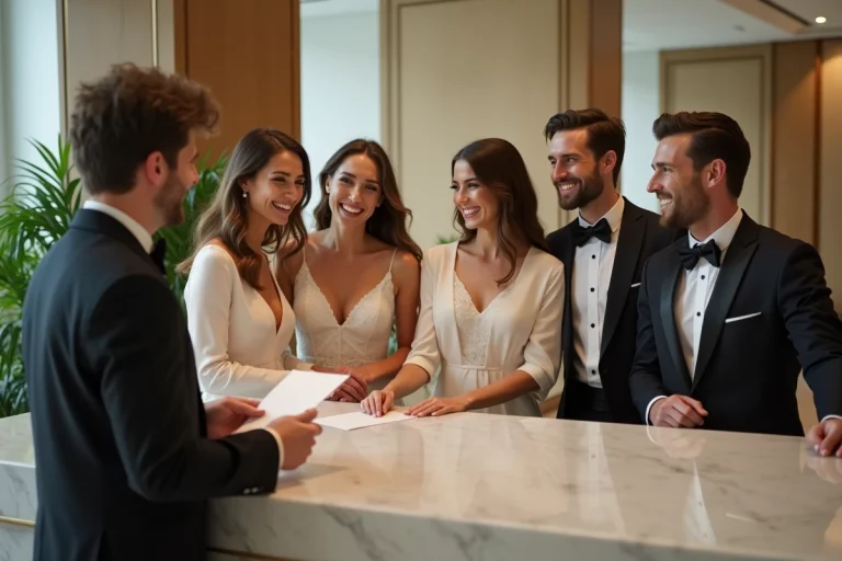 Quatre couples souriants dans un lobby hôtel chic recevant des enveloppes