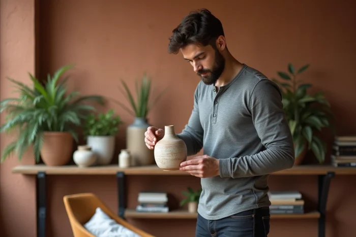 Homme arrangeant des céramiques et plantes sur une étagère murale pour personnaliser son salon