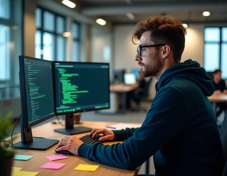 Développeur web concentré écrivant des scripts automatisés sur un ordinateur avec terminal de code en arrière-plan dans un bureau moderne