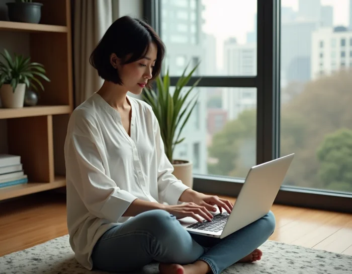 Développeuse freelance analysant les performances d'un site web via un tableau de bord automatisé depuis son bureau à domicile lumineux