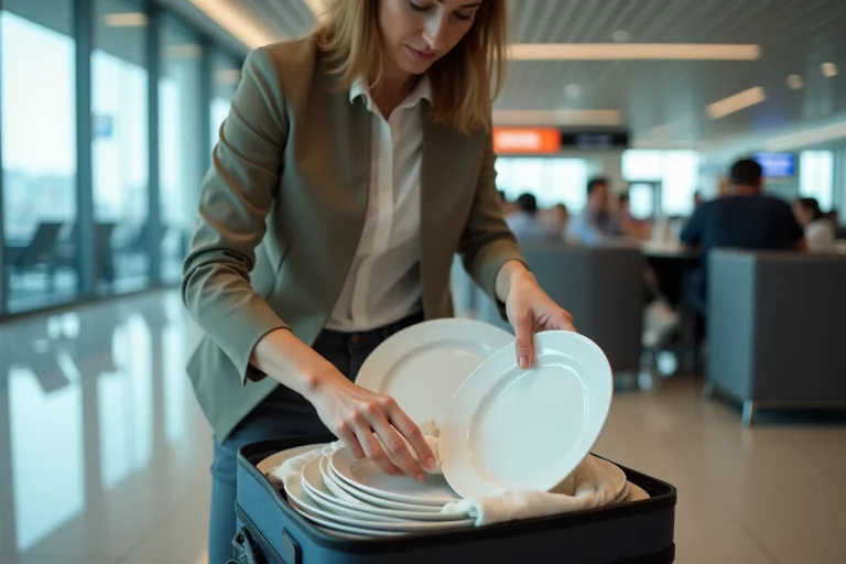 Femme emballant des assiettes en porcelaine dans une valise à l'aéroport