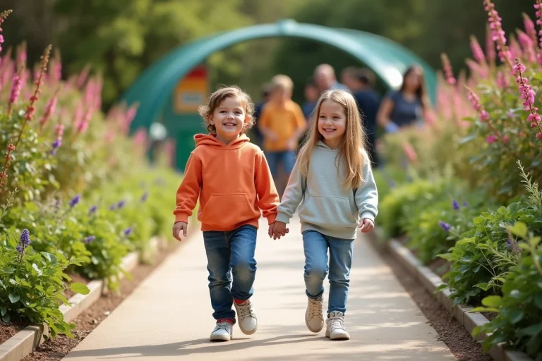 Garçons et filles souriants marchant dans le jardin Terra Botanica
