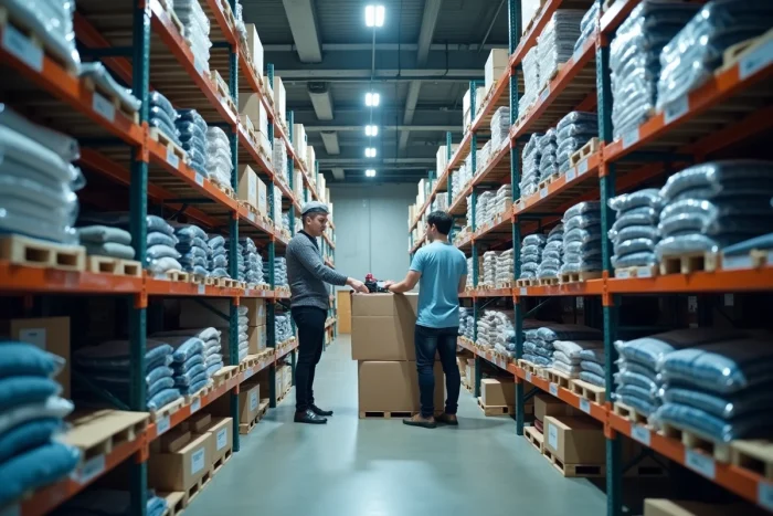 Entrepôt logistique de vêtements avec des travailleurs triant des commandes de mode en ligne, représentant la chaîne d'approvisionnement Asos