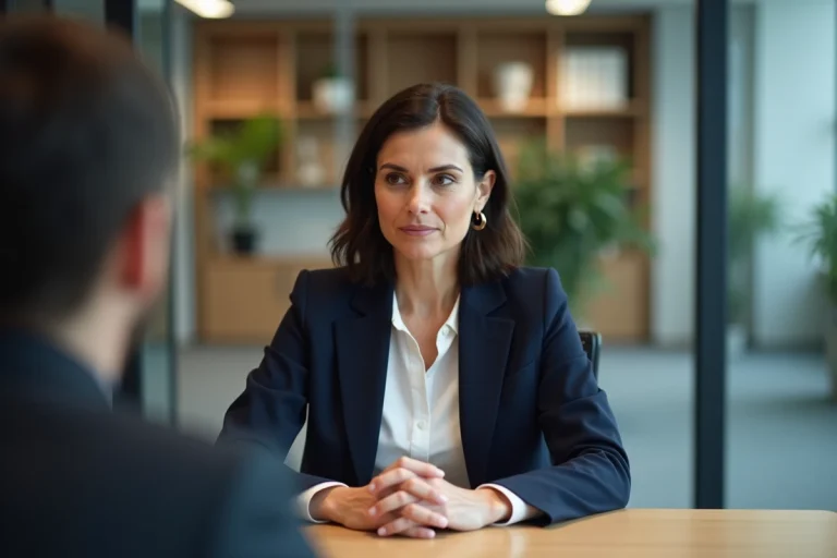 Femme en entretien d'embauche dans un bureau moderne en France, tendances recrutement 2024