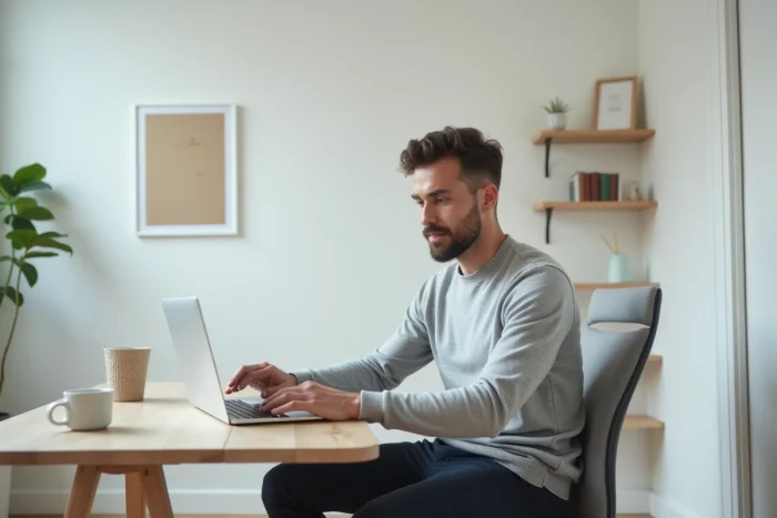 Candidat en entretien vidéo depuis son bureau à domicile, recrutement à distance en France