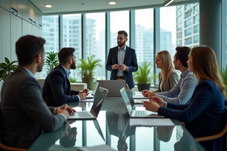 Groupe de professionnels en réunion dans un bureau moderne