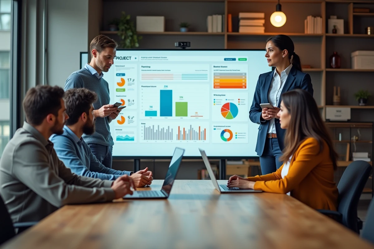 Groupe diversifié en réunion autour d’un tableau digital dans un espace moderne