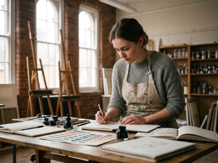 Étudiante en illustration dessinant au feutre fin dans une salle de cours d'art traditionnelle avec du matériel artistique autour d'elle