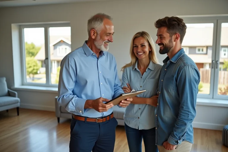 Expert immobilier en réunion avec un couple dans un salon moderne