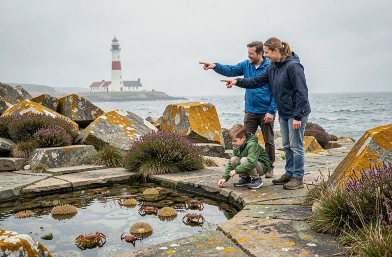 Famille explorant un sentier côtier breton avec des rochers granitiques et un phare en arrière-plan en Bretagne