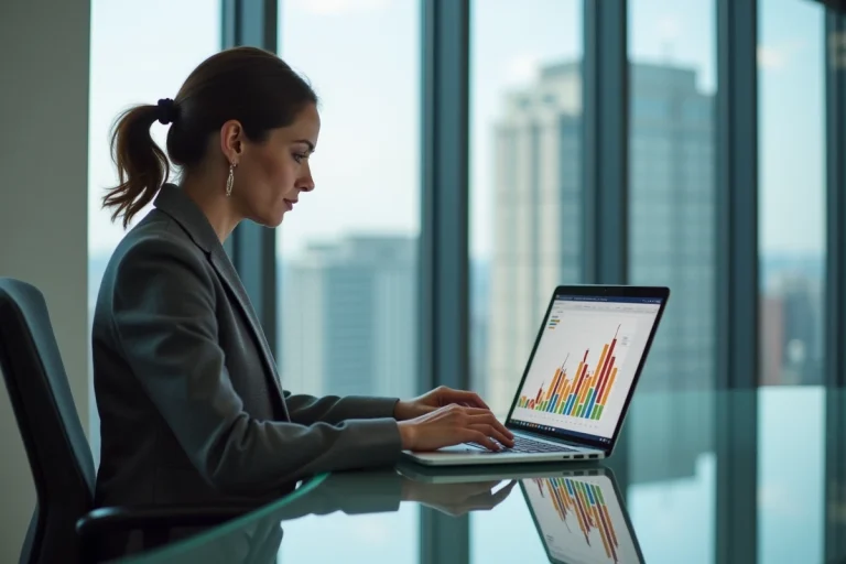Femme d'affaires analysant des graphiques financiers colorés