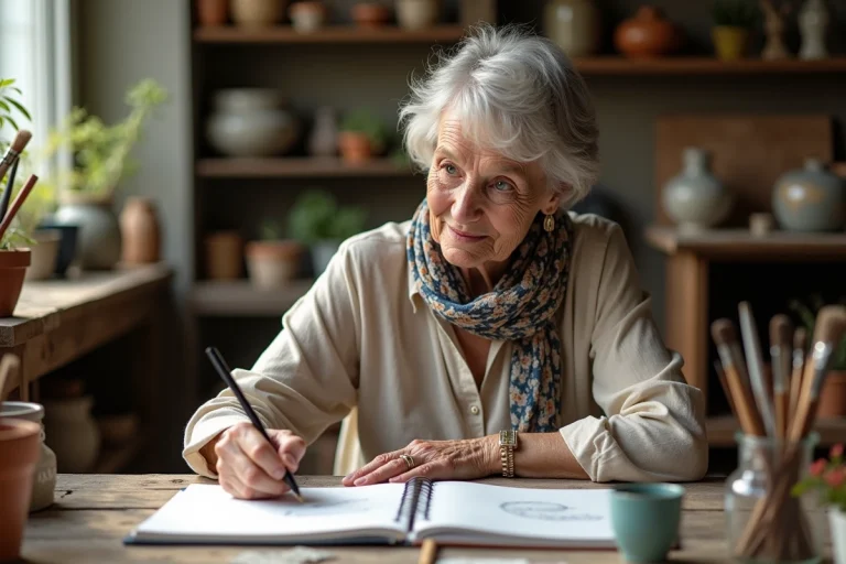 Femme âgée dessinant dans son atelier lumineux