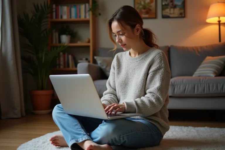 Femme parcourant des annonces de loisirs en ligne sur un ordinateur portable dans un salon cosy
