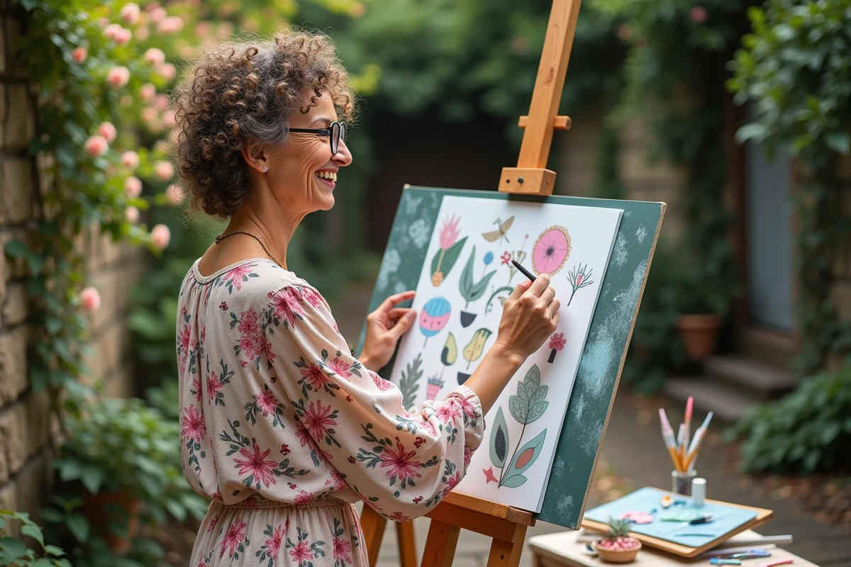 Femme créant collages dans un jardin fleuri