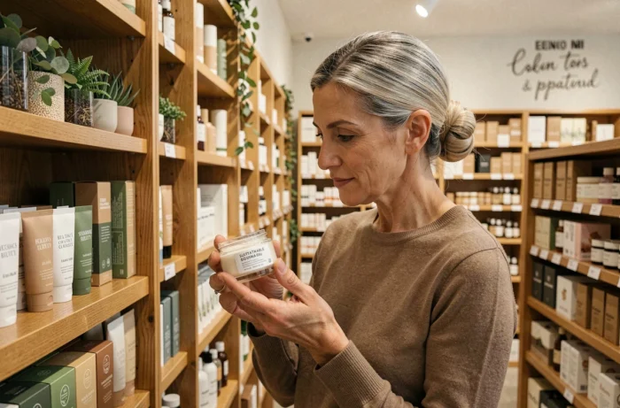 Femme aux cheveux argentés choisissant une crème visage dans une pharmacie concept-store aux étagères en bois, beauté consciente 2024