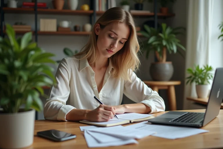 Jeune femme à la maison consulte ses factures