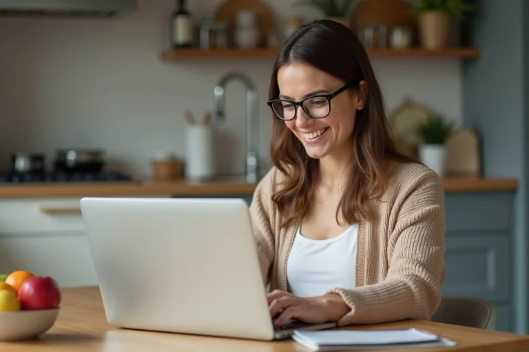 Femme souriante utilisant un site de pharmacie en ligne à la maison