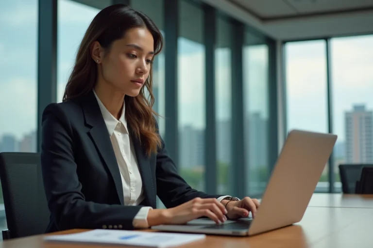 Jeune femme professionnelle analysant des données marketing sur son ordinateur