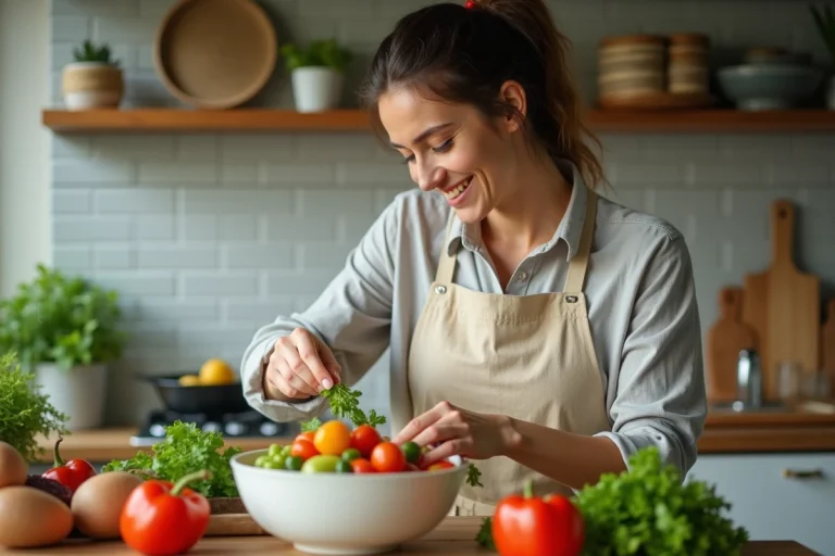 Femme souriante préparant une salade colorée dans la cuisine