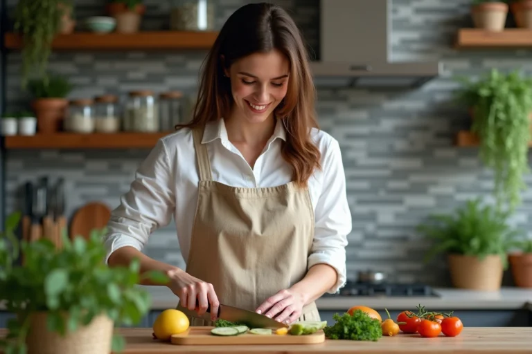 Femme en cuisine avec légumes frais et ambiance chaleureuse