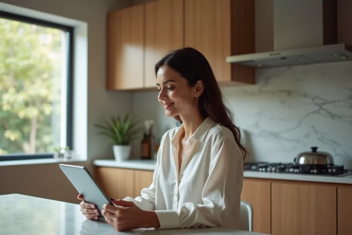 Jeune femme lisant sur une tablette dans une cuisine moderne