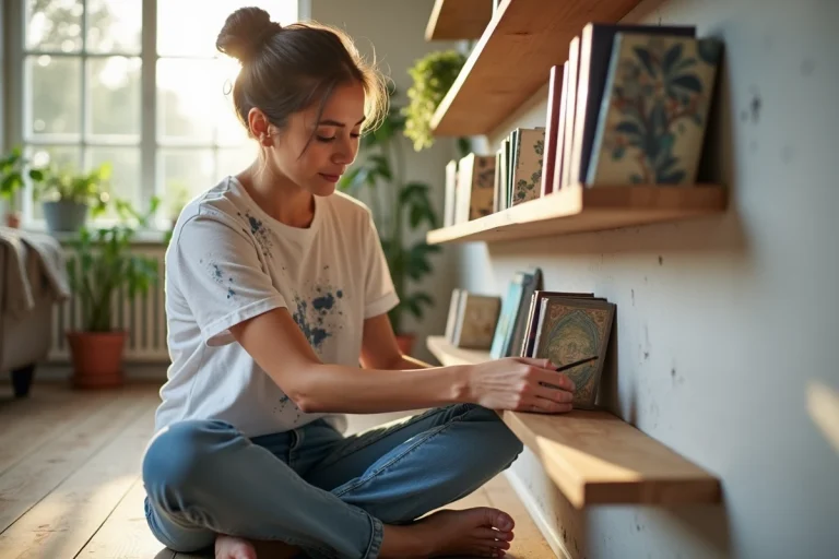 Jeune femme arrangeant des livres sur une étagère dans un salon lumineux