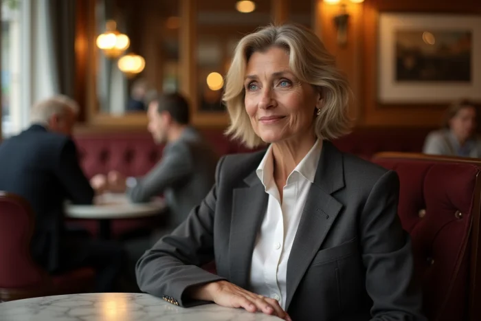 Femme élégante et réservée attablée dans une brasserie parisienne, symbole de discrétion et de vie privée préservée
