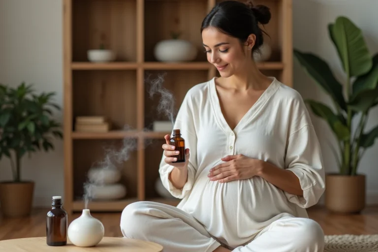 Femme enceinte utilisant une huile essentielle avec un diffuseur céramique dans un salon chaleureux et minimaliste