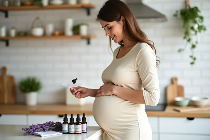 Femme enceinte lisant les étiquettes de flacons d'huiles essentielles sur un comptoir de cuisine avec de la lavande fraîche