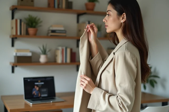 Jeune femme inspectant l'étiquette de provenance d'un vêtement Asos acheté en ligne dans son appartement