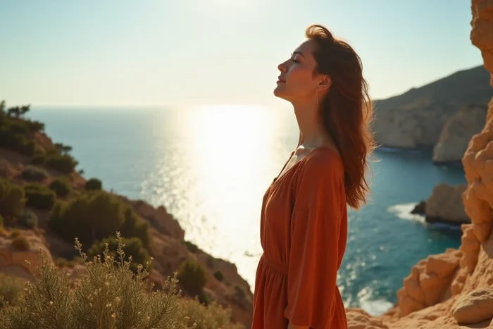 Femme contemplant le soleil depuis une falaise méditerranéenne rocheuse, symbole des multiples noms donnés à l'astre du jour