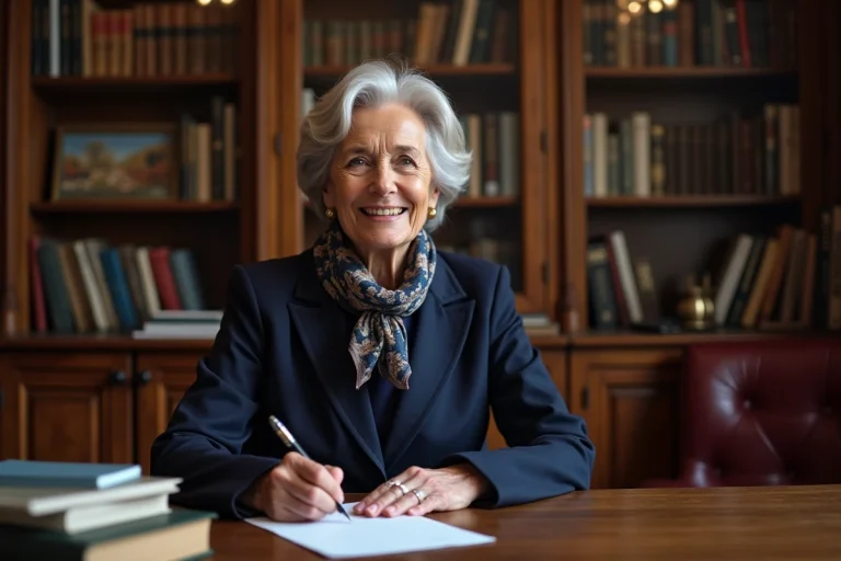 Femme francaise agee signant un script dans une bibliotheque