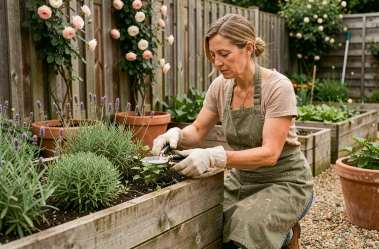 Femme jardinière taillant des herbes aromatiques dans un potager surélevé en bois avec des outils de jardin professionnels
