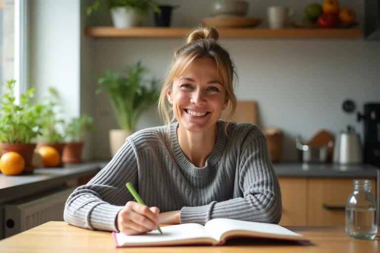 Femme active journaling dans cuisine lumineuse