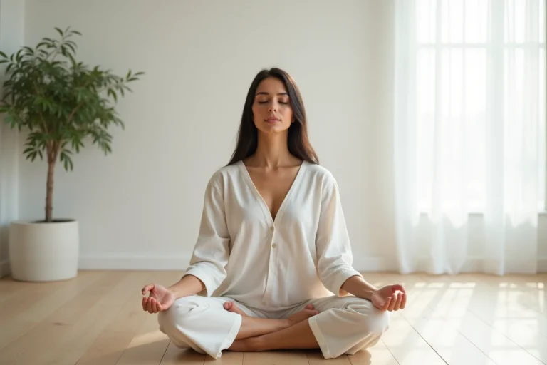Femme en méditation profonde dans une pièce minimaliste évoquant l'éveil spirituel et la transition vers la cinquième dimension